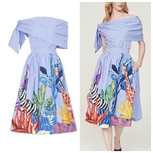Stella Jean Stripe Off The Shoulder Blue White Dress Pinstripe Animal Motif - S